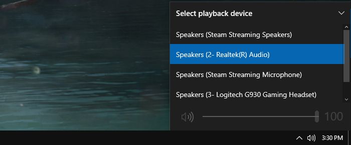 select playback device windows 10