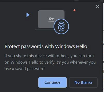 chrome windows hello popup